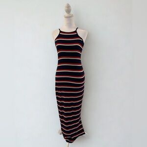 Vintage Y2K Striped Fitted Maxi Dress – Soft Stretch Knit – Navy, Red & Cream